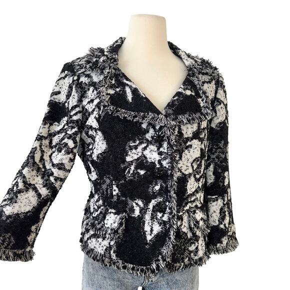 St. John Knit Shimmer Blazer Jacket Fringe Trim Tweed Black/WhiteFits like 12